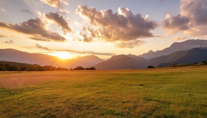 the sun is setting casting a warm afterglow over the grassy field with mountains in the background cumulus clouds dot the sky creating a picturesque natural landscape - Powered by Adobe