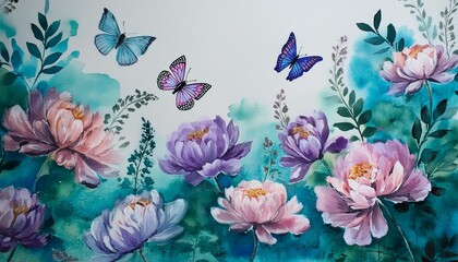 a watercolor painting of purple and pink flowers and butterflies on a white background with a watercolor effect of pink and purple flowers and purple butterflies on a white background - Powered by Adobe