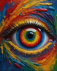 Surreal close-up of an eyeball with a rainbow colored iris textured bright colorful painted face and eye