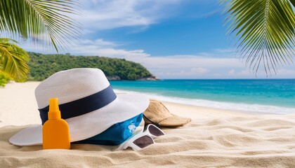 tropical beach with sunbathing accessories summer holiday background