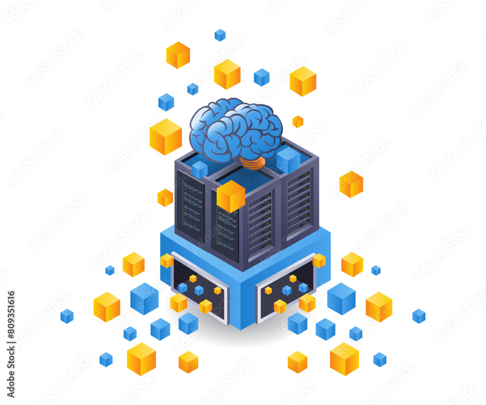 Poster artificial intelligence blockchain technology isometric flat illustration