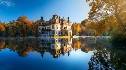 Naklejka premium Majestic historical building reflected in a calm lake amid autumn foliage.