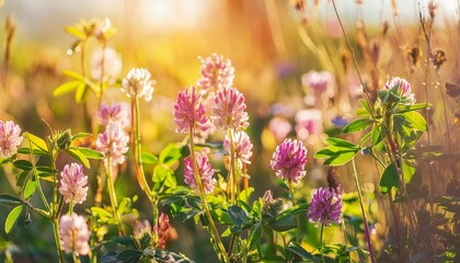colorful flowers close up on sunny meadow natural abstract background beautiful rustic floral countryside landscape pink clover and peas mouse flowers or vicia cracca plants grow in field banner