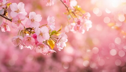 sakura background with flower blossom and april floral nature on pink beautiful scene with blooming tree easter sunny day orchard abstract blurred background springtime