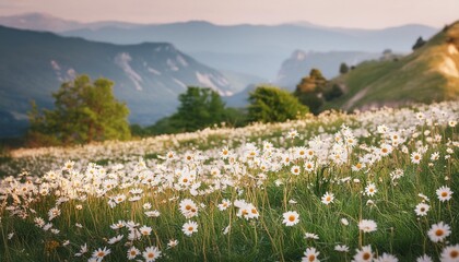 meadow with blooming daisy flowers