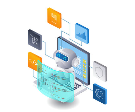 AI robot helps computer work technology infographic illustration 3d flat isometric