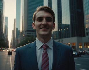 Fototapeta premium portrait of a young white entrepreneur businessman in the city, in front of skyscrapers