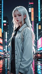Anime young girl with long blonde hair in modern city street at night