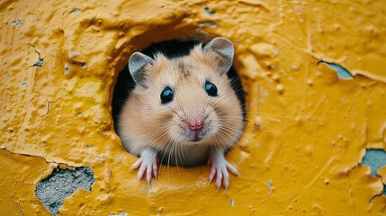Curious Hamster Emerging from Yellow Hole