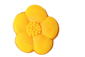 Yellow gingerbread flower with five petals isolate on white background. Dessert flower.