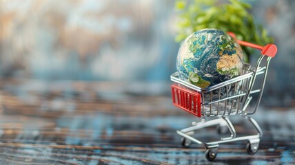 Small shopping cart with globe inside, symbolizing global commerce