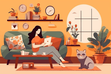 Young woman sitting on a comfortable sofa and reading a laptop. Spending time at home, relaxing, resting, hobby. Vector illustration isolated on white background.