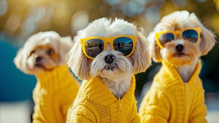 Dogs in Yellow Sweaters and Sunglasses