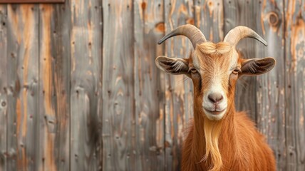 Brown goat with curved horns in front of wooden fence