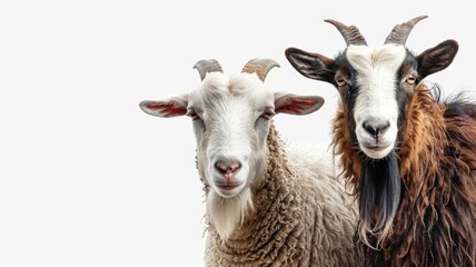Obraz premium Two goats with varying coats, one white and brown, against background