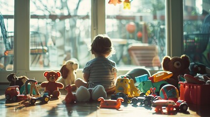 Child Playing with Toys by Window