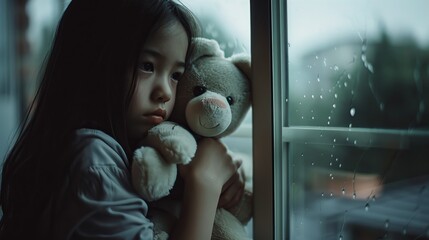 Ethnically diverse girl hugging stuffed animal