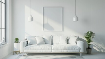 A white sofa with pillows, a poster on a wall and pendant lights in a bright modern interior, Generative AI. realistic