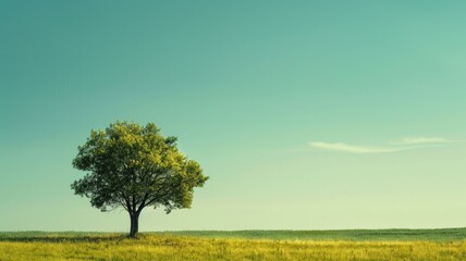 Solitary tree in vast field under clear blue sky