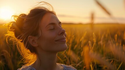 Serene Woman in Fields at Sunset