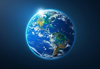 the earth from space, blue glow around the planet, realistic photography, blue background