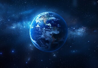 A blue Earth with global lighting, realistic style, against the background of deep space, on which stars and galaxies