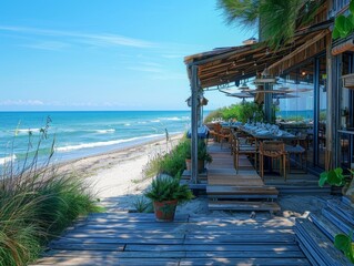 A restaurant on a beach during summer season, sunny day
