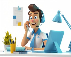 Animated Customer Service Representative at Desk.