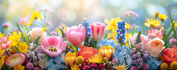 Spring banner for 8 March and Mother's Day with a colorful and vibrant bouquet of various flowers. Ideal for celebration and decoration purposes.