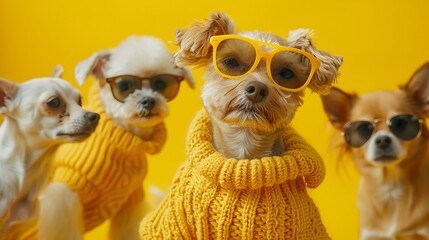 Stylish Dogs in Yellow Sweaters and Sunglasses