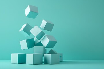 A pile of blue cubes is falling apart. Concept of chaos and disarray