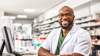 Smiling African American male pharmacist offers patient-centric services in a contemporary pharmacy setting. Shelves with medications on background. Concept of pharmaceutical care. Banner. Copy space