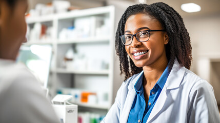 African American female pharmacist consultation customer client, offering medication guidance. Pharmacy interior on background. Concept of personalized pharmaceutical care, apothecary medical service