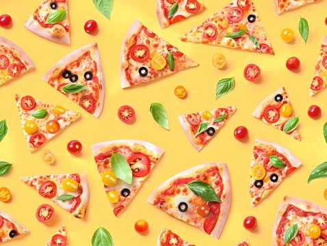 A close up of a yellow background with many slices of pizza on it. The slices are of different sizes and have various toppings such as tomatoes, olives, and basil. Concept of abundance and variety