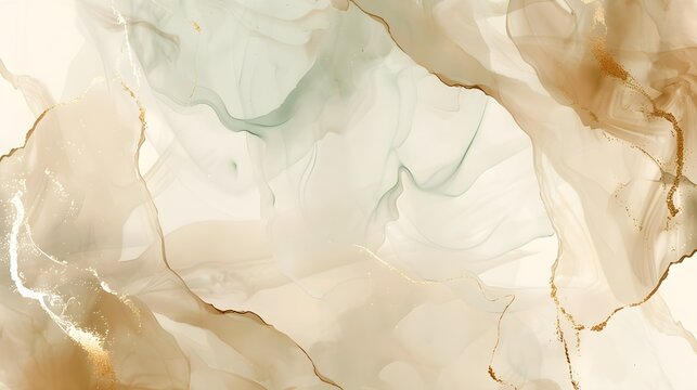 Brown beige and ivory liquid marble watercolor background with gold lines. Pastel elegant earth tone green minimal modern canvas wallpaper with paint brush pattern