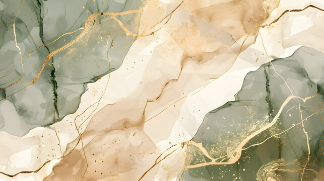 Brown beige and ivory liquid marble watercolor background with gold lines. Pastel elegant earth tone green minimal modern canvas wallpaper with paint brush pattern