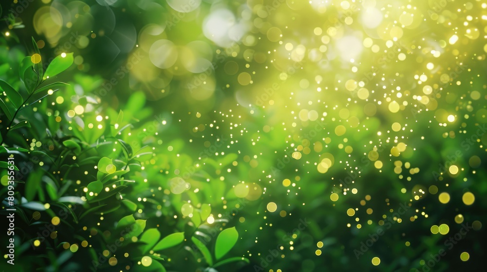 Poster spring themed green abstract background with blurred bokeh particles or glitter lights
