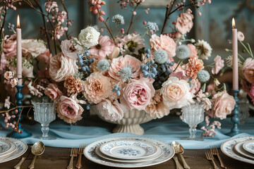 The delicate, romantic shades of blush pink and dusty blue, perfect for a vintage-inspired wedding. Concept of retro glamour. Generative Ai.