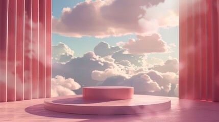 Surreal pink stage with cloudy sky background