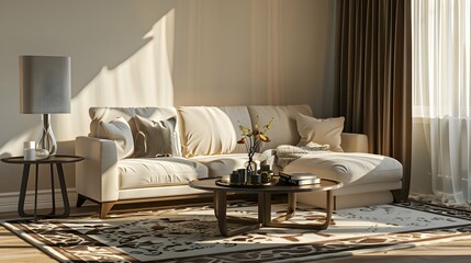 Beautiful interior of light living room with comfortable sofa, table, carpet and lamp