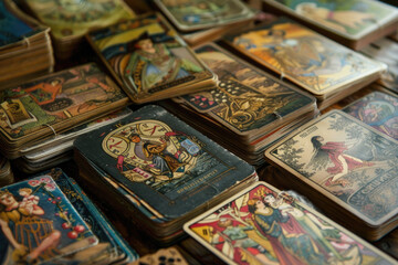 Obraz premium Close-up of vintage tarot cards stacked in piles with intricate artwork, evoking curiosity