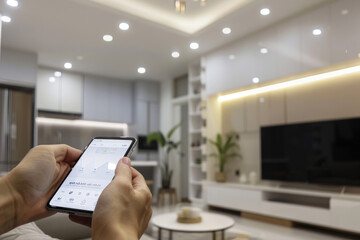 Smart home technology interface on a smartphone held in a modern living room