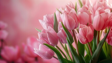 Naklejka premium beautiful bunch of pink tulips flowers on decent pastel rose background - the background offers lots of space for text