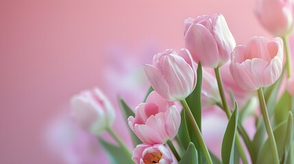 Fototapeta premium beautiful bunch of pink tulips flowers on decent pastel rose background - the background offers lots of space for text
