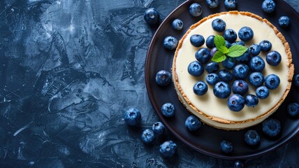 Blueberry tart on dark plate with fresh blueberries and mint leaf textured background