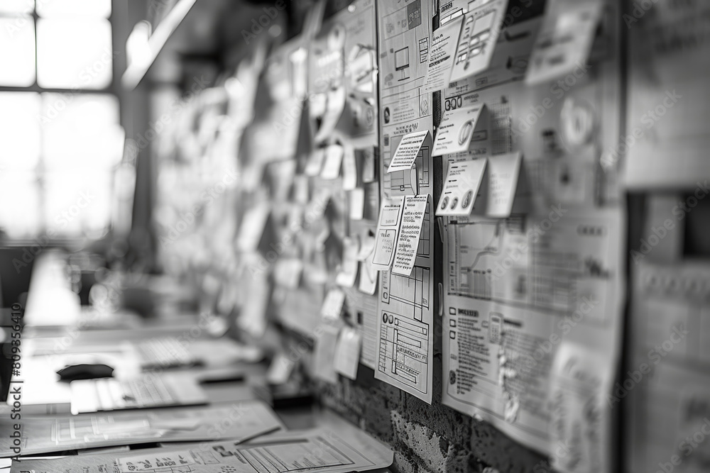 Fototapete Wireframes outlining the structure and layout of a new software interface, focusing on content hierarchy and navigation flow. Concept of UX/UI design. Generative Ai.