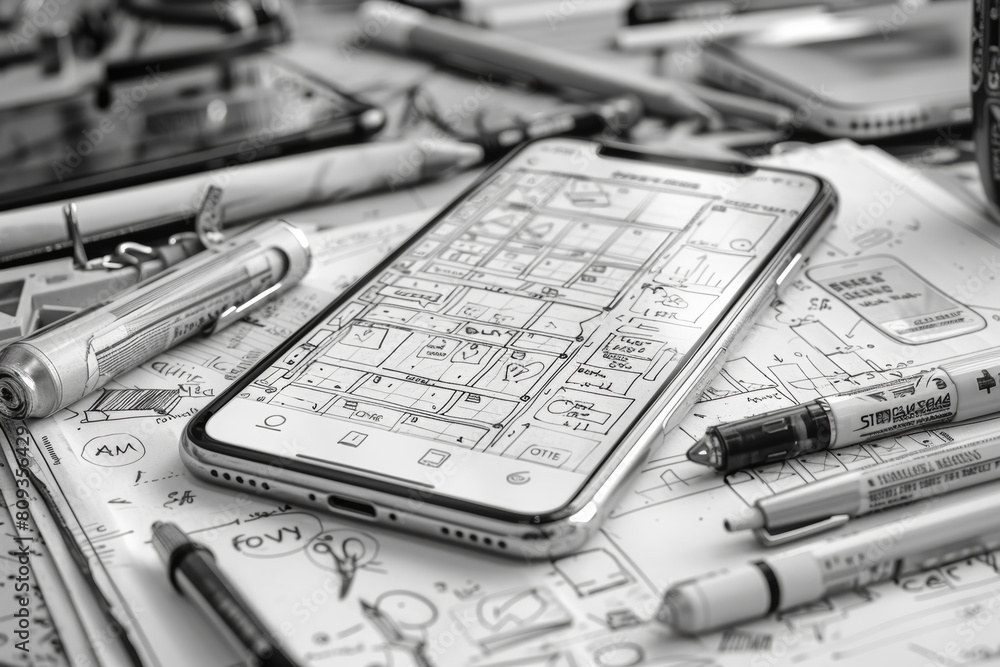 Aufkleber sketches illustrating user interface designs for mobile applications with attention to user experien