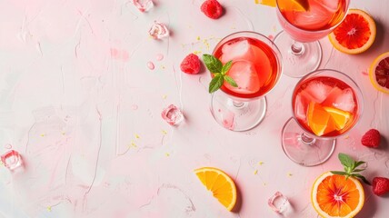 Refreshing drinks with oranges and raspberries on pastel pink surface