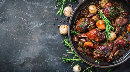 Braised meat with mushrooms, onions, and rosemary in dark bowl on textured surface - Powered by Adobe