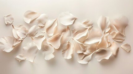 An artistic and delicate arrangement of abstract flower petals, bathed in soft pastel beige hues that evoke a sense of calm and beauty, embodying the principles of aesthetic minimalism